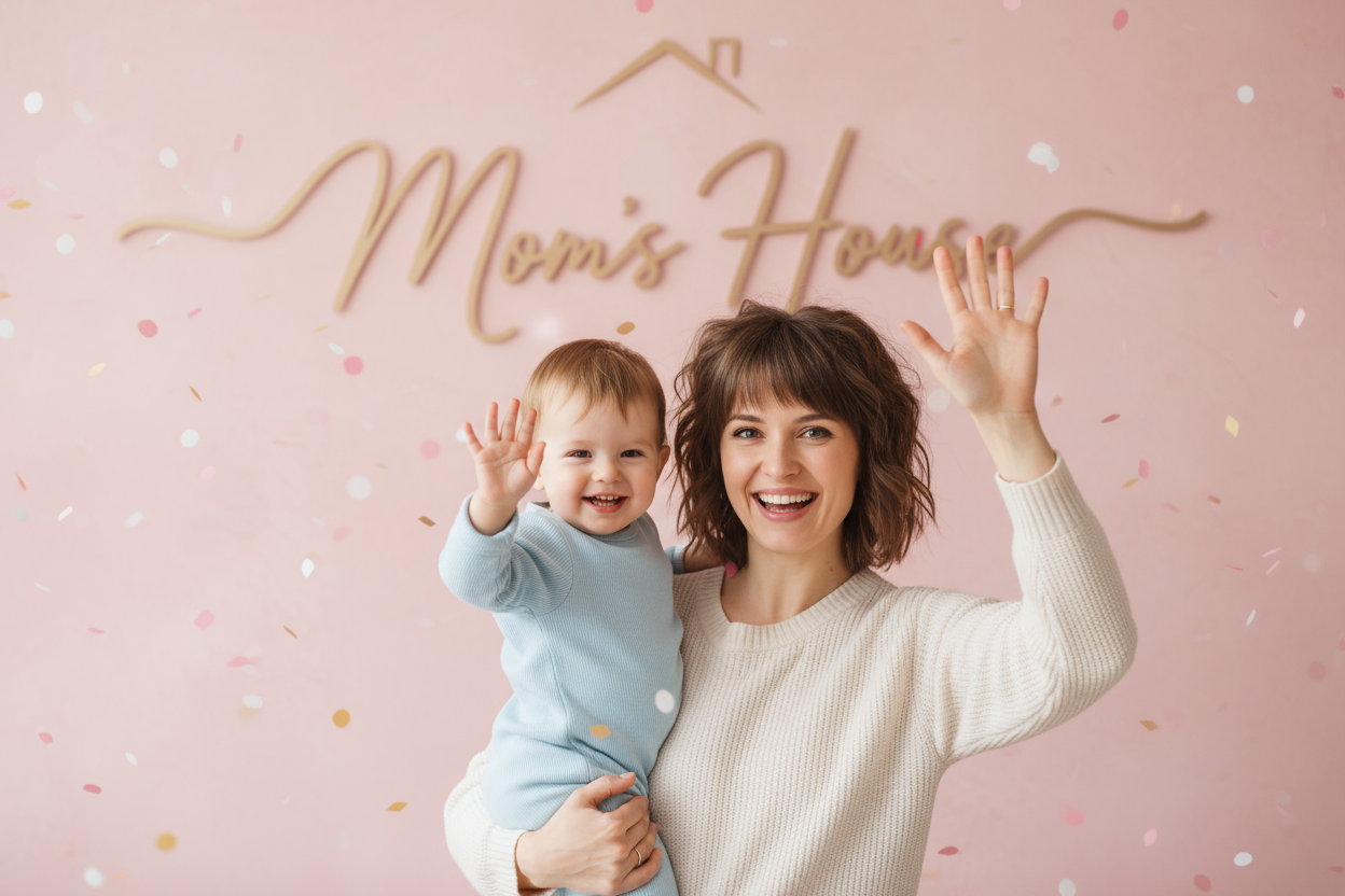Uma mãe é criança brincando feliz e com a logo da loja Mom S House no fundo em rosa a acenarem para quem ver a imagem 